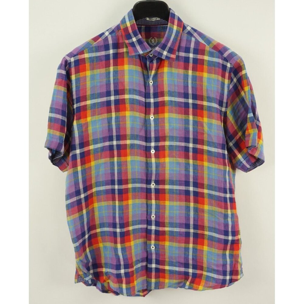 Bugatchi Linen Men's Large Short Sleeve Blue Yellow Purple Plaid Button Up Shirt